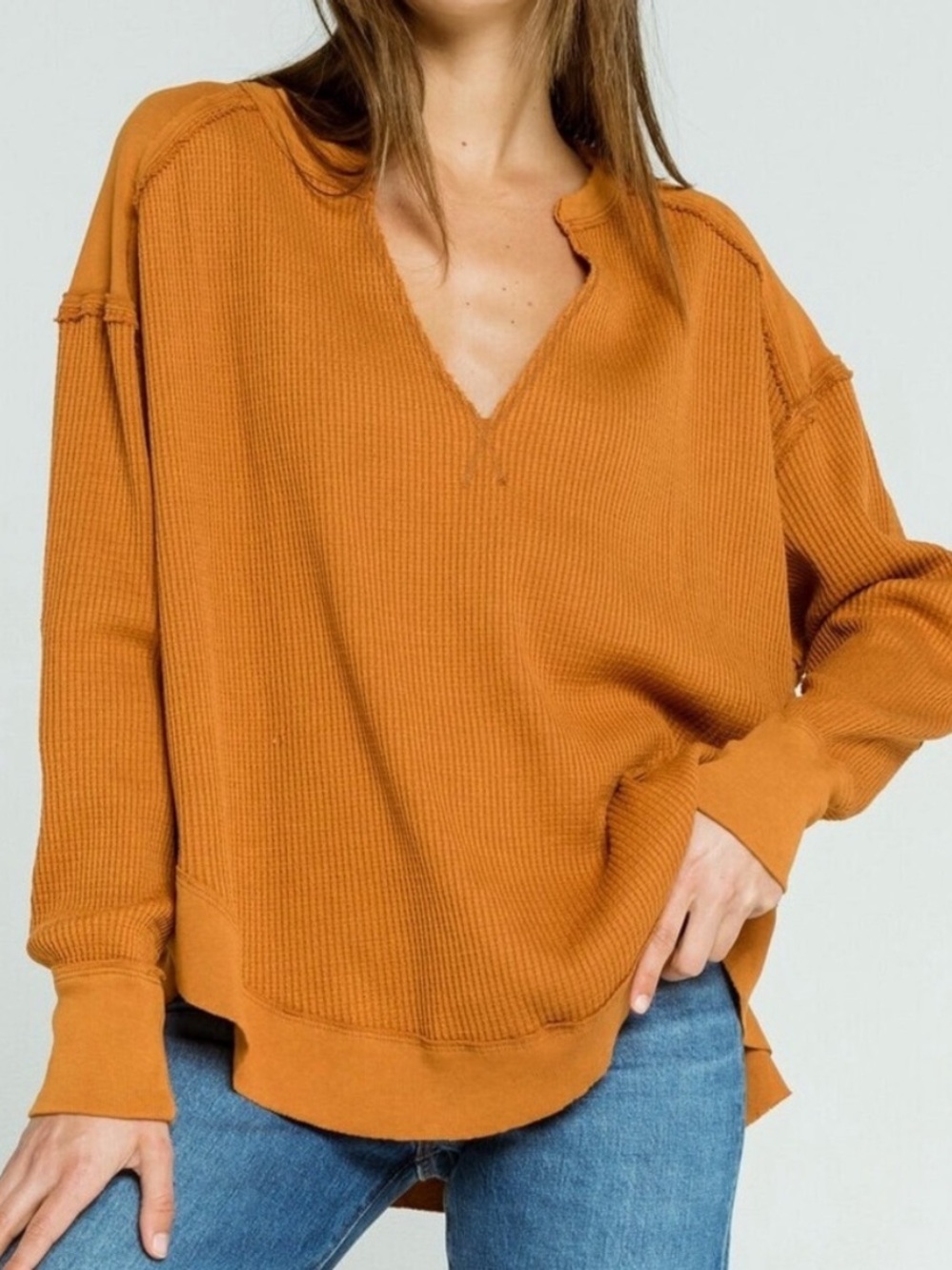Free People We The Free Owen Pumpkin Spice Burnt Orange V Neck Thermal Top S